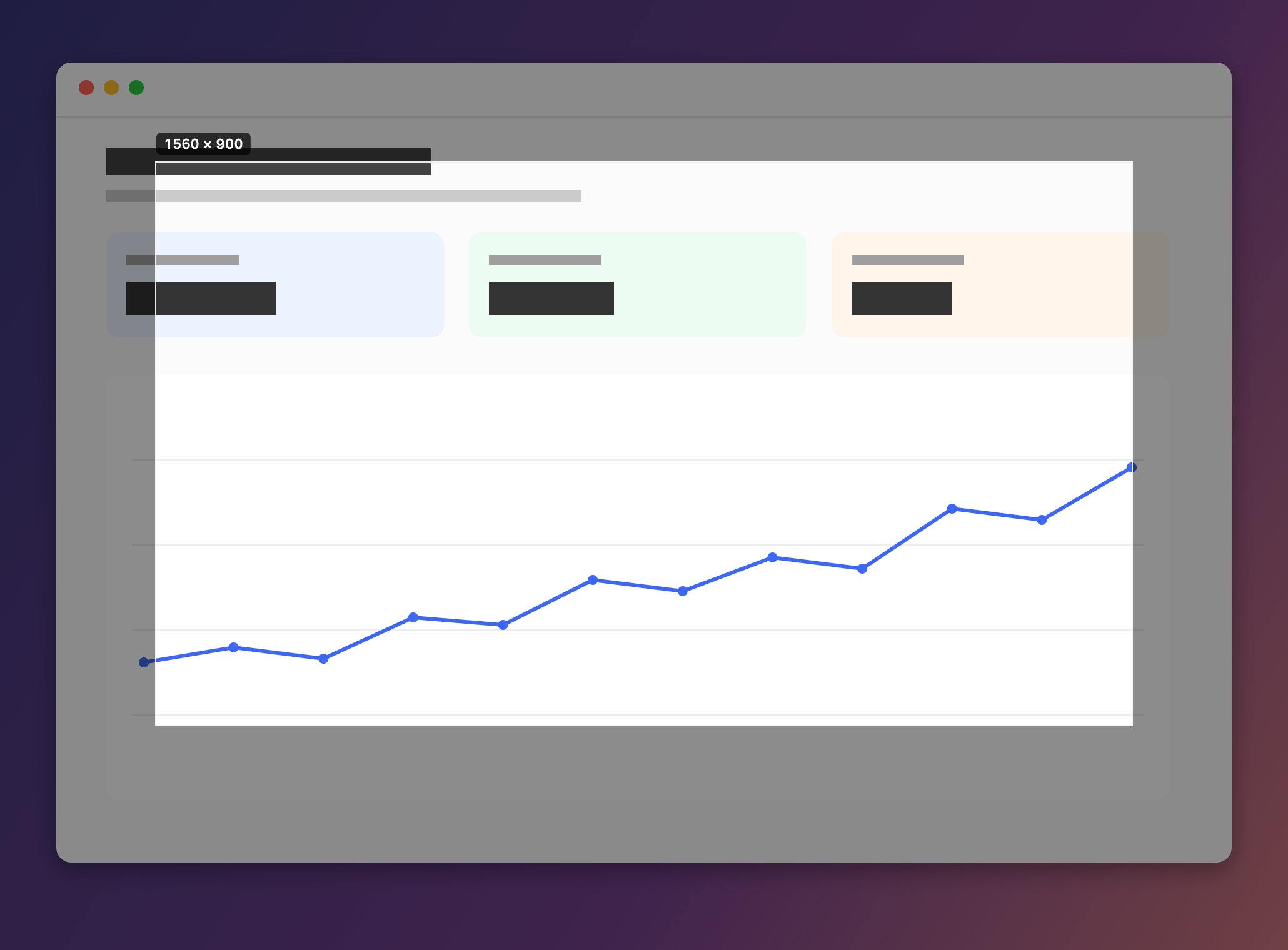 The Screen2Shot overlay: a live selection over a dashboard with its size in pixels