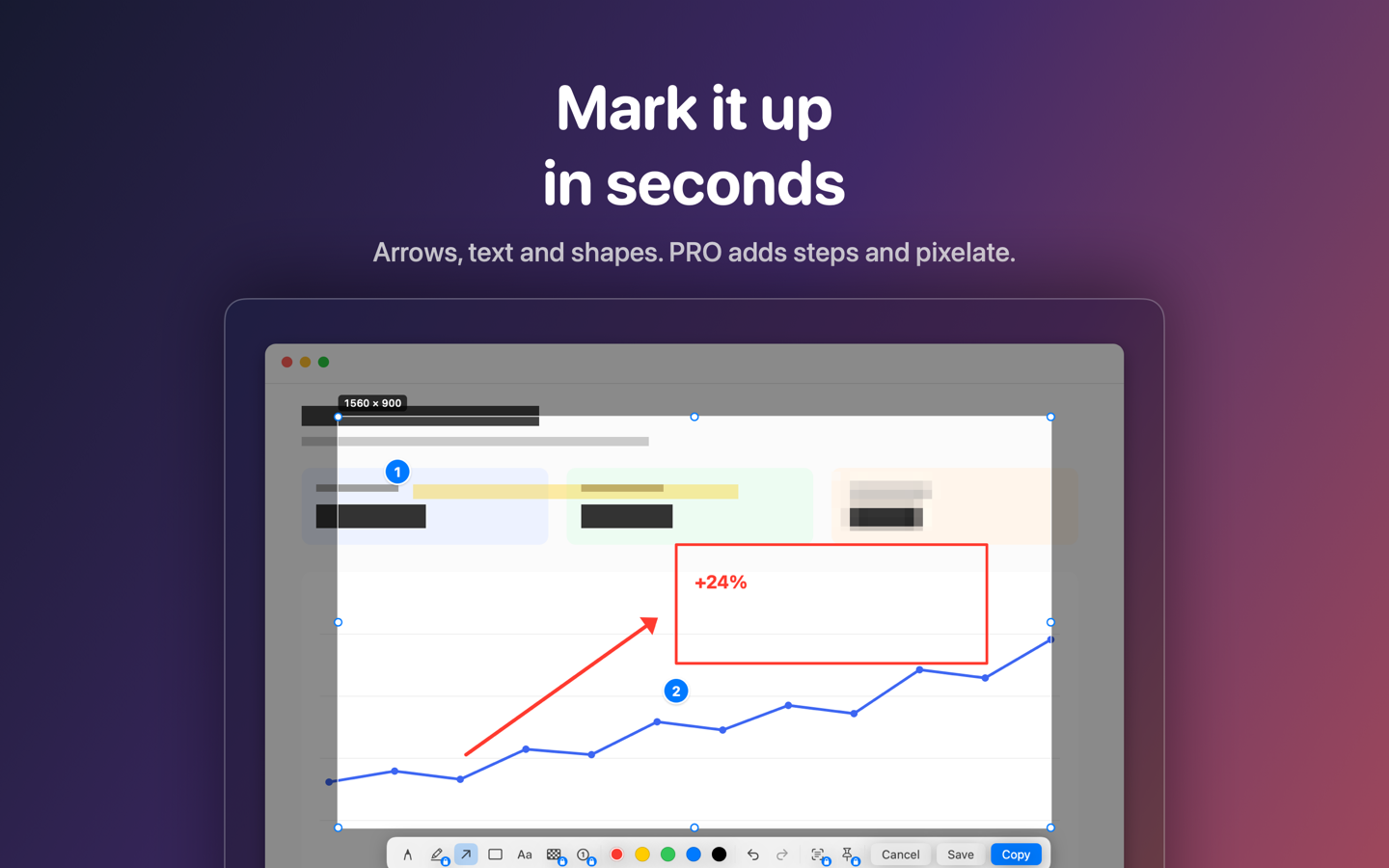 Screen2Shot: a selected area of a dashboard marked up with an arrow, a rectangle and a highlighter, with the toolbar below it